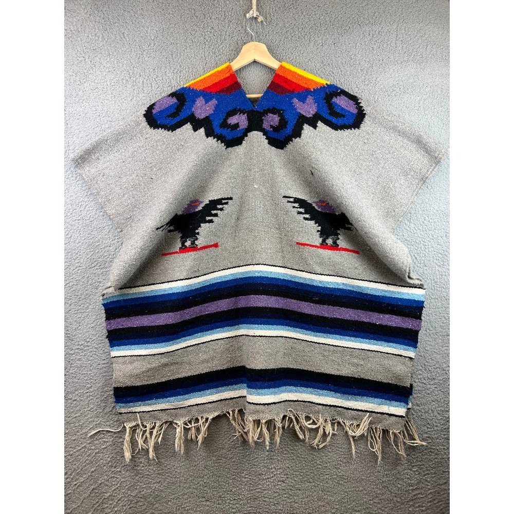 Vintage Native American Chimayo Wool Shawl Poncho Southwestern Thunderbird - Picture 1 of 6